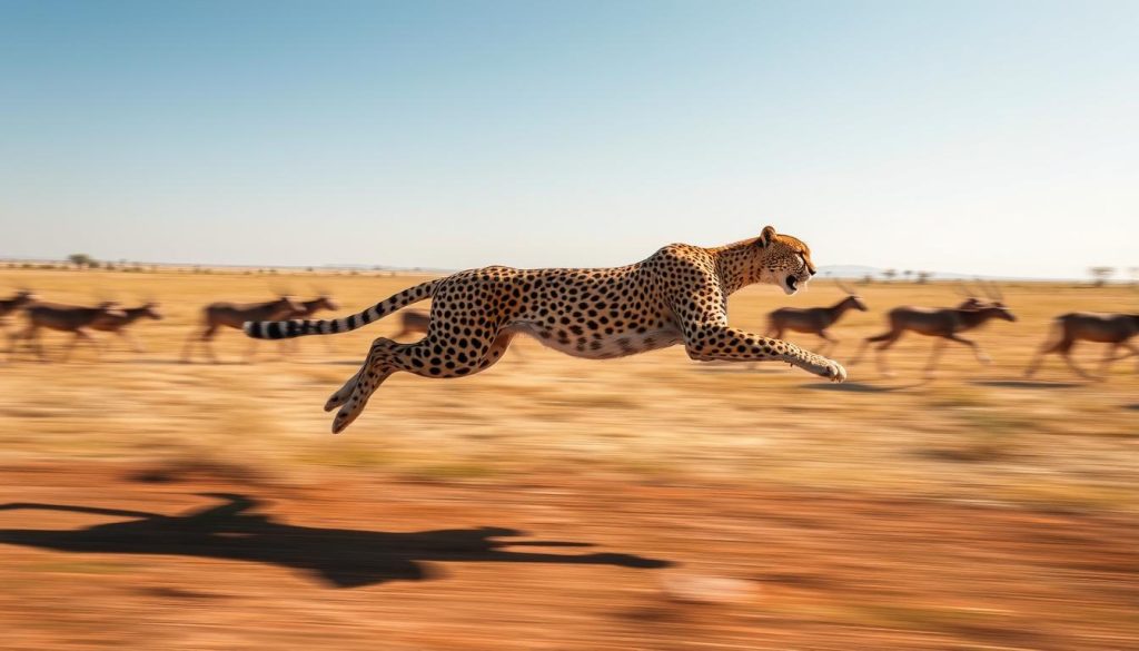 Experience the unparalleled speed of nature’s most agile predator as the cheetah engages in a thrilling chase, blending raw power and lightning-fast reflexes to outwit its elusive prey, the antelope. Witness survival at its most breathtaking